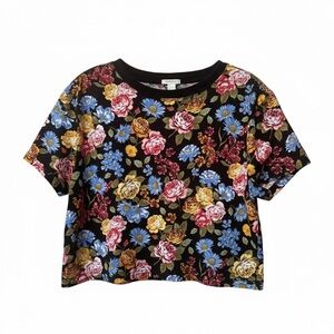 Floral Crop Top Y2K Boho Black Multicolor Tee Large Forever 21